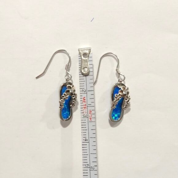 925 Sterling Silver Flip Flop Flower Dangle Drop Earrings Blue Opal Inlay Beach - Picture 6 of 7